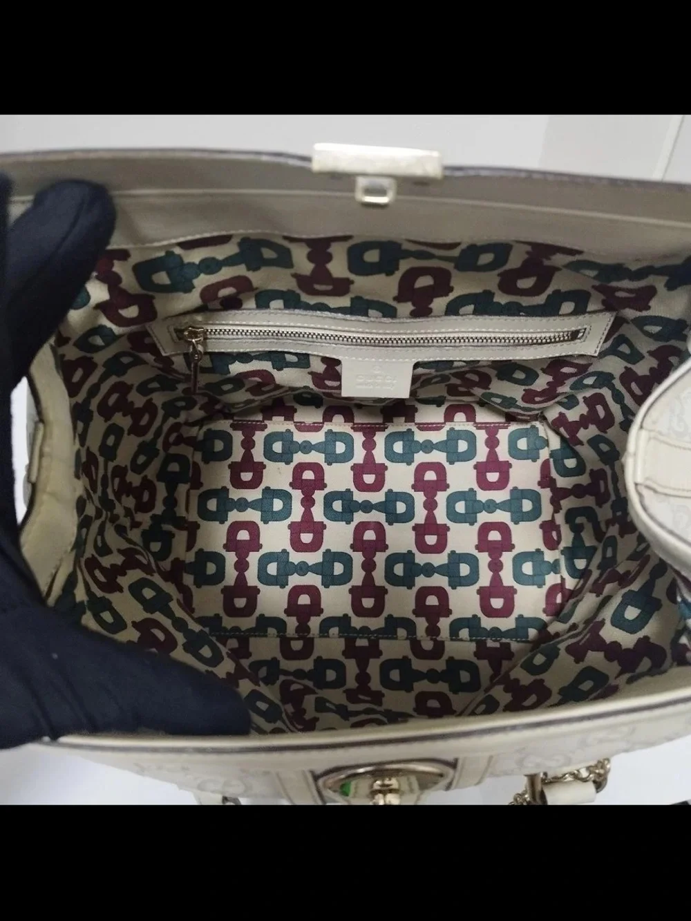 Gucci Cream and Beige Monogram Satchel with Gold Chain